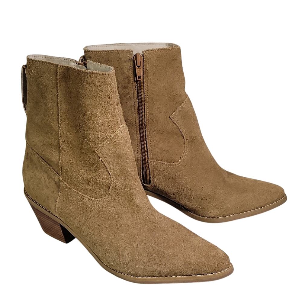 ABLE Western Vibe Pointed Toe Tan Suede Animal Print Ankle Boots Womens Size 9